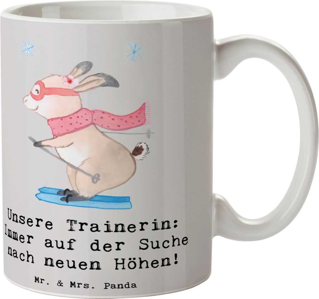 Mr. & Mrs. Panda Bedruckte Tasse Skispringen Trainerin - Grau Pastell - Geschenk, haferl, Wintersport Coaching, Kaffeetasse, Dekotasse, Athleten Un...