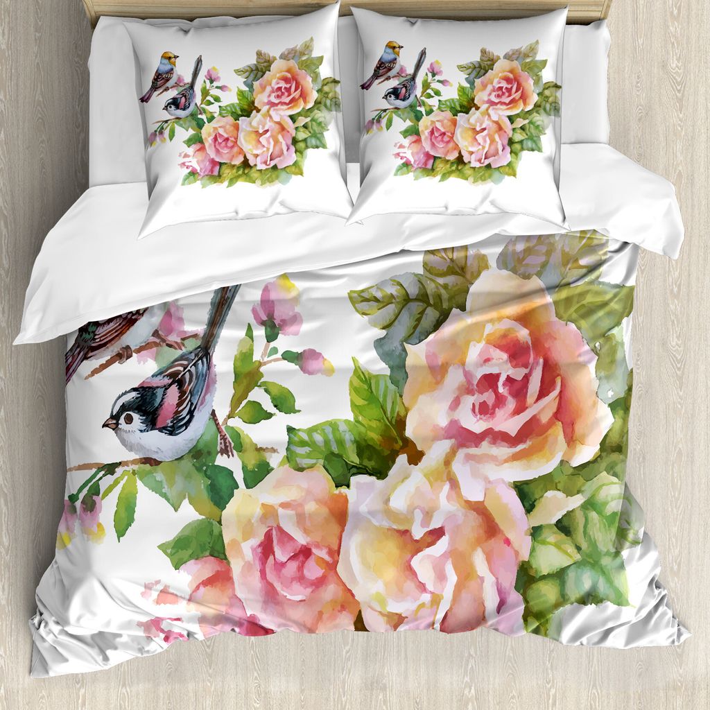 ABAKUHAUS Aquarell Bettbezug, Wilde Exotische Vögel Roses, Milbensicher Allergiker geeignet mit Kissenbezügen, 155 cm x 220 cm - 80 x 80 cm, Mehr...