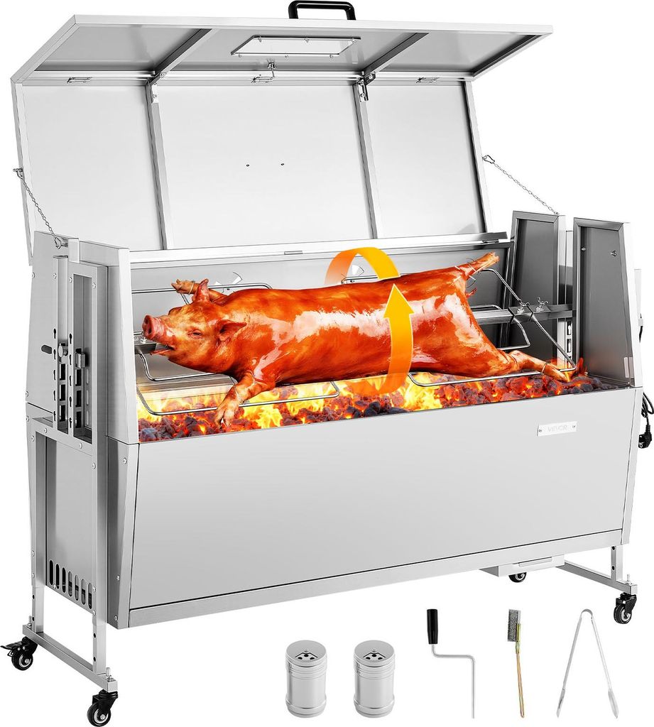VEVOR Drehspießgrill 38 W Spanferkelgrill Lammgrill Holzkohlegrill (132 cm Grilllänge) mit 60 kg Tragkraft & Rädern & 4-facher Höhenverstellung...