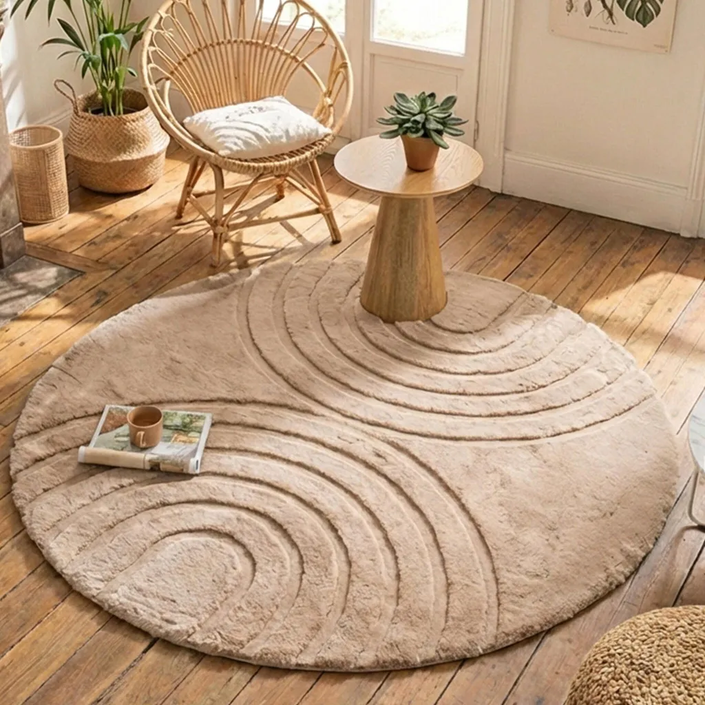Tapis Rond Shaggy Taupe 80cm Volero Carvy Arches pour Salon et Chambre