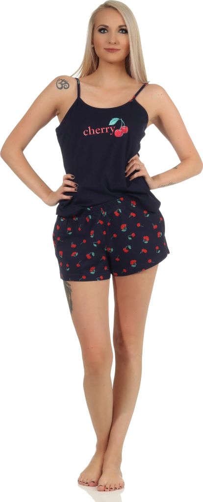 Süsser ärmelloser Damen Schlafanzug Shorty Pyjama mit Kirschen als Motiv – 112 206 90 535 ; marine , 44
