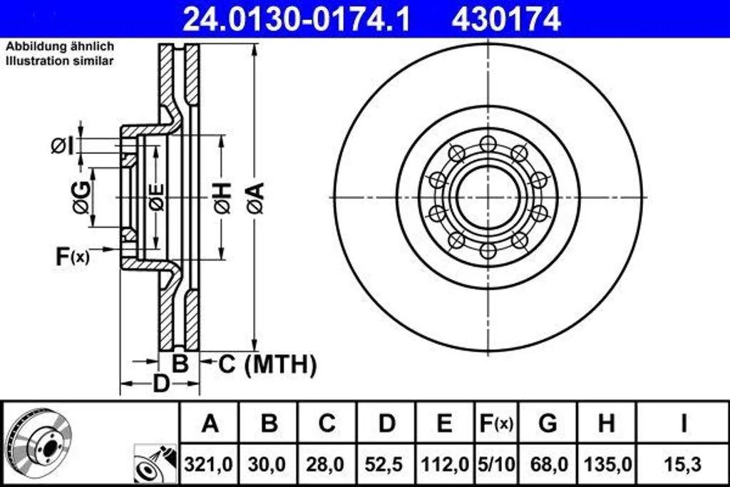 Disque de frein ventilé haute qualité ATE pour Audi A6 type 4B C5