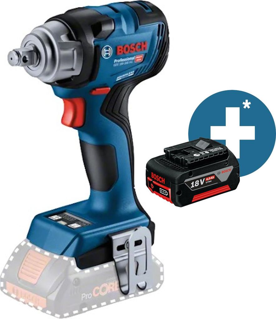 A Bosch cordless impact wrench with a battery and a plus symbol overlay.