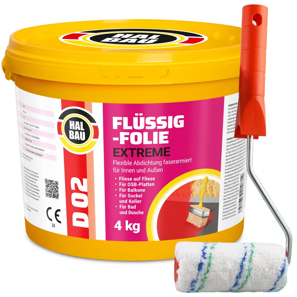 Flüssigfolie 4kg Dichtfolie Dusche Bad Balkone Wassersperre + Roller 10cm D02