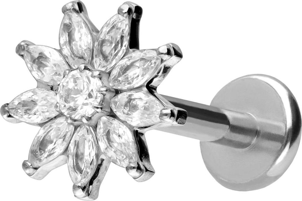 Ohrpiercing, Nasenpiercing Titan Labret mit Push Fit KRISTALLBLUME Silber Stablänge: 10mm | Stabstärke: 1,2mm