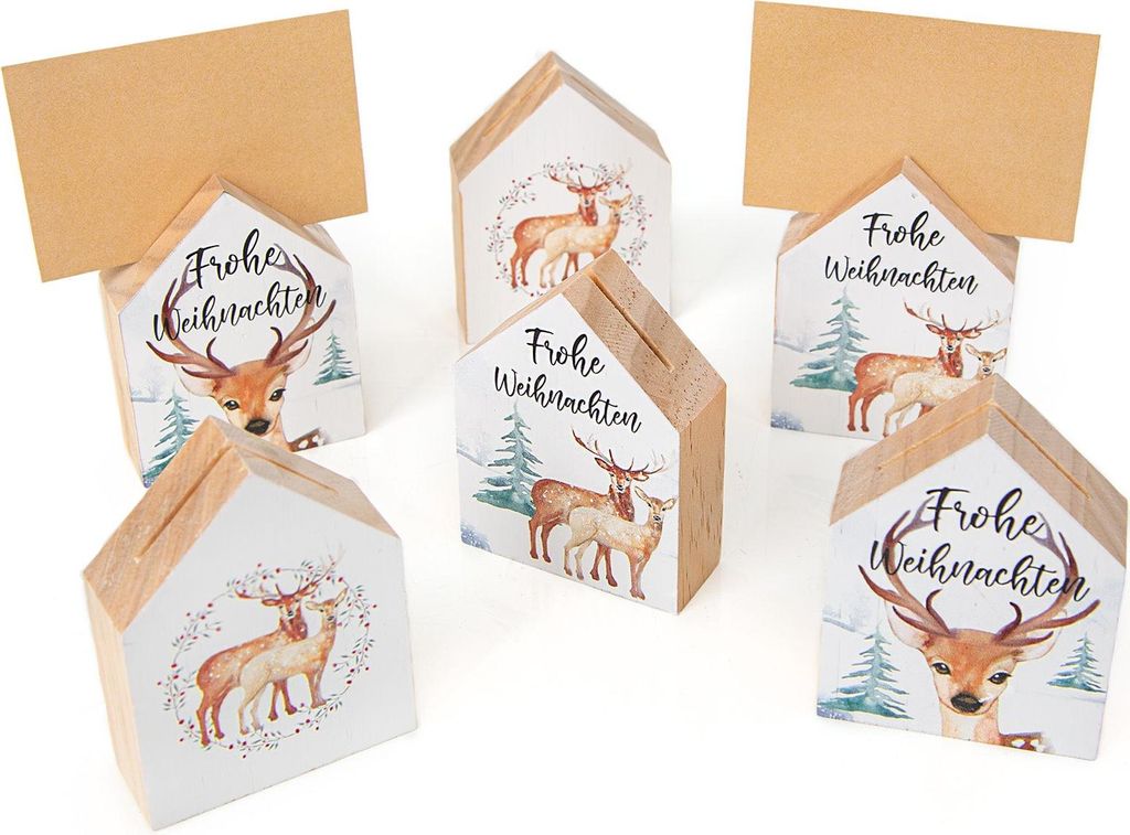 6 Holz Häuser Weihnachtsdeko Häuschen als Tischkartenhalter 8 cm