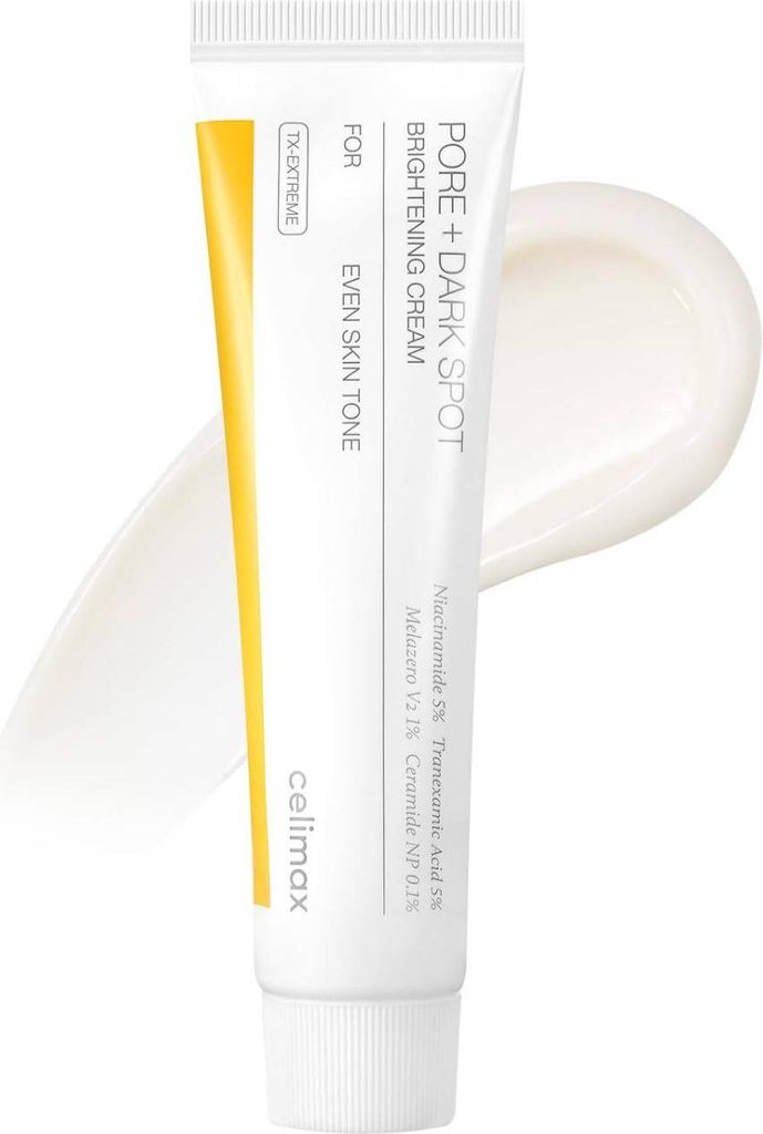 A tube of Celimax Pore+ Dark Spot Brightening Cream with a dollop of cream next to it.
