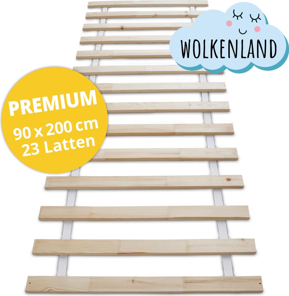 WOLKENLAND Lattenrost 90 x 200 cm | 14 Latten | Massivholz | Vorgebohrte Löcher | Premium Rollrost