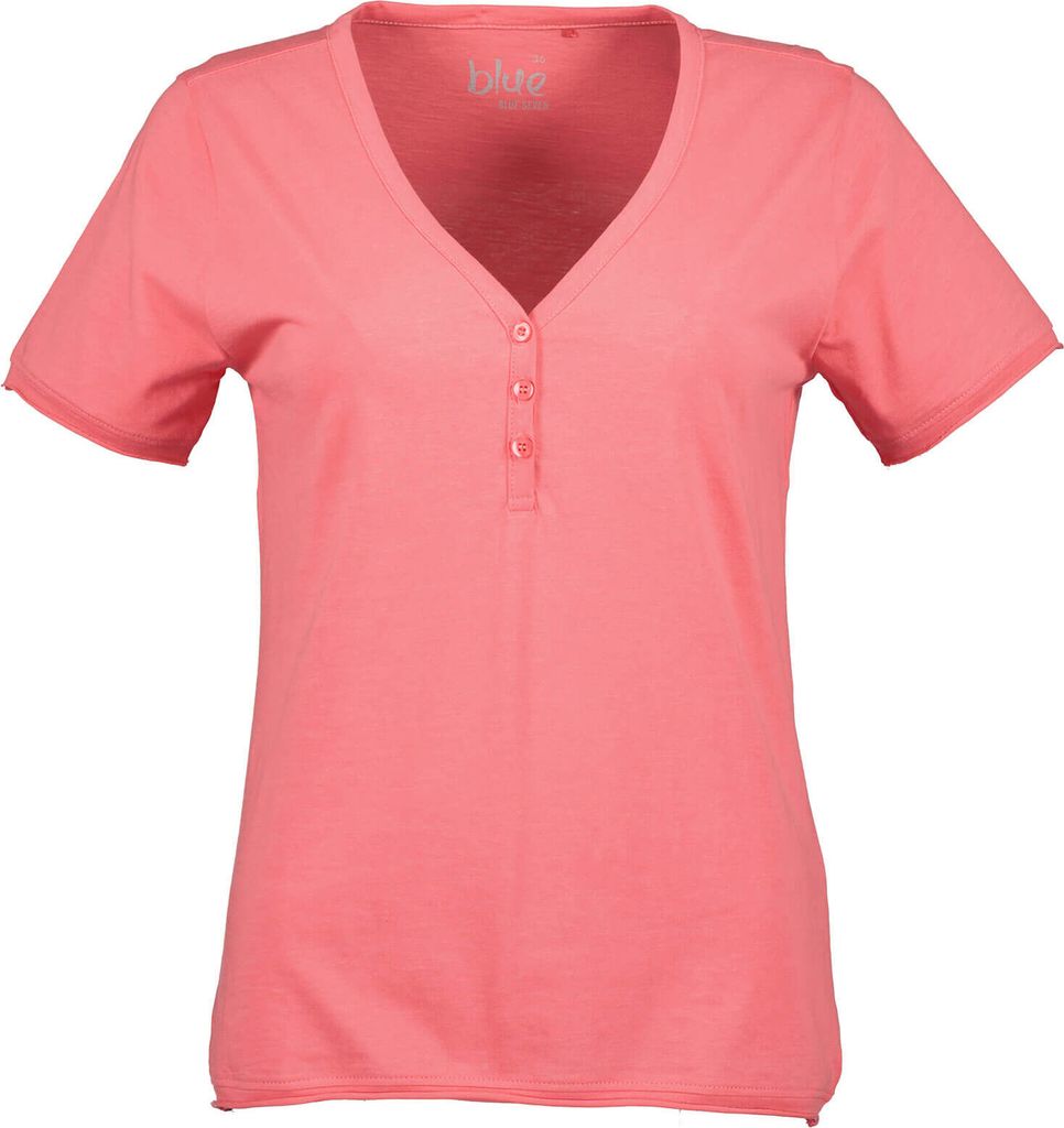 Blue Seven Damen T-Shirt mit V-Ausschnitt und Knopfleiste - Unifarbenes Kurzarm-Shirt in Hellrot Größe 38