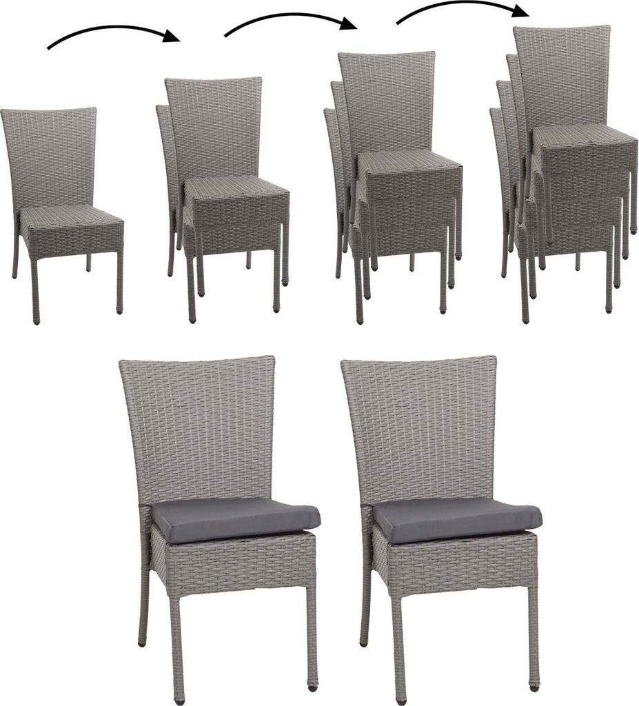 2er-Set Poly-Rattan Stuhl MCW-G19, Balkonstuhl Gartenstuhl, stapelbar grau, Kissen dunkelgrau