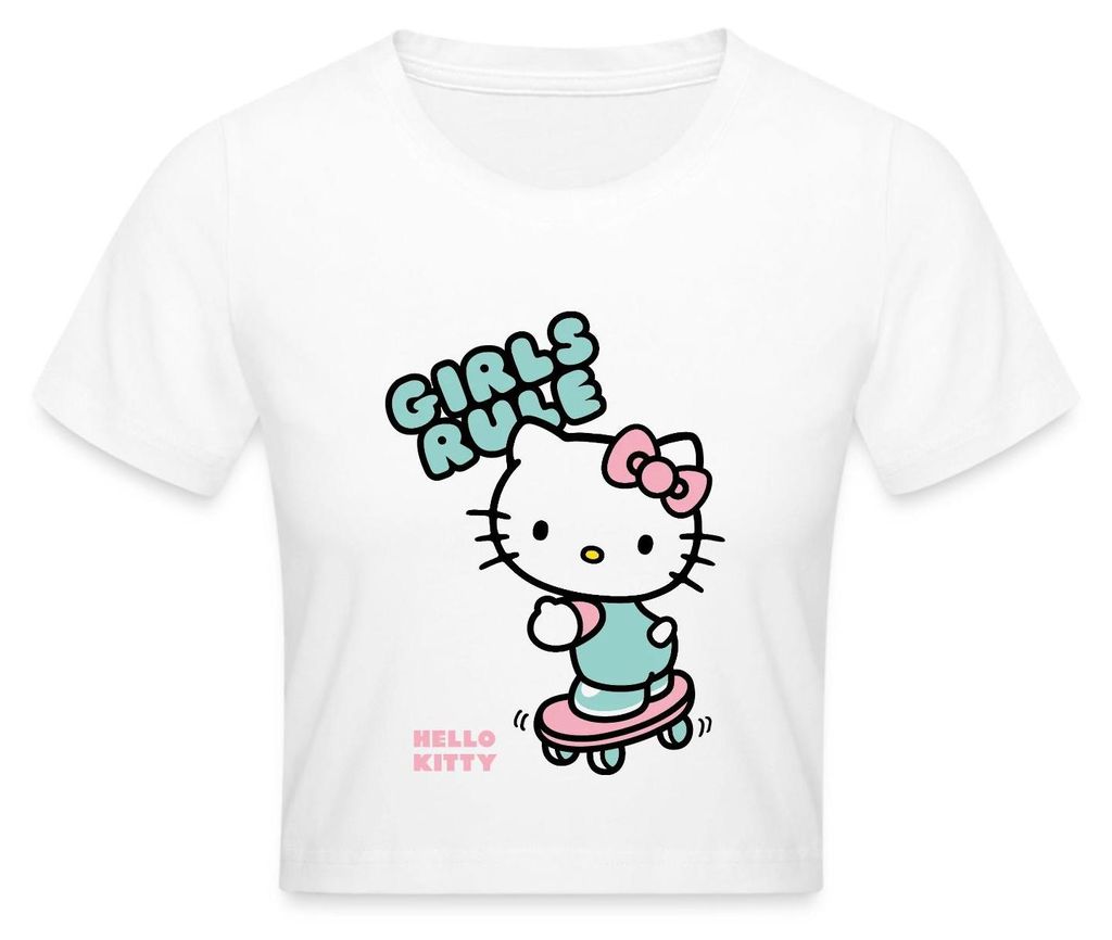 Spreadshirt Hello Kitty Auf Skateboard Girls Rule Crop Top, L, Weiß