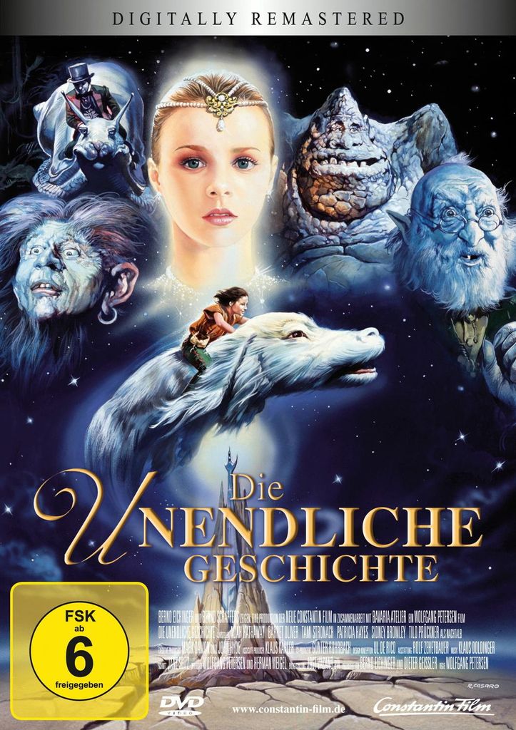 The image is a movie poster for 'The NeverEnding Story' (Die unendliche Geschichte), featuring characters and fantastical elements from the film against a starry night background.
