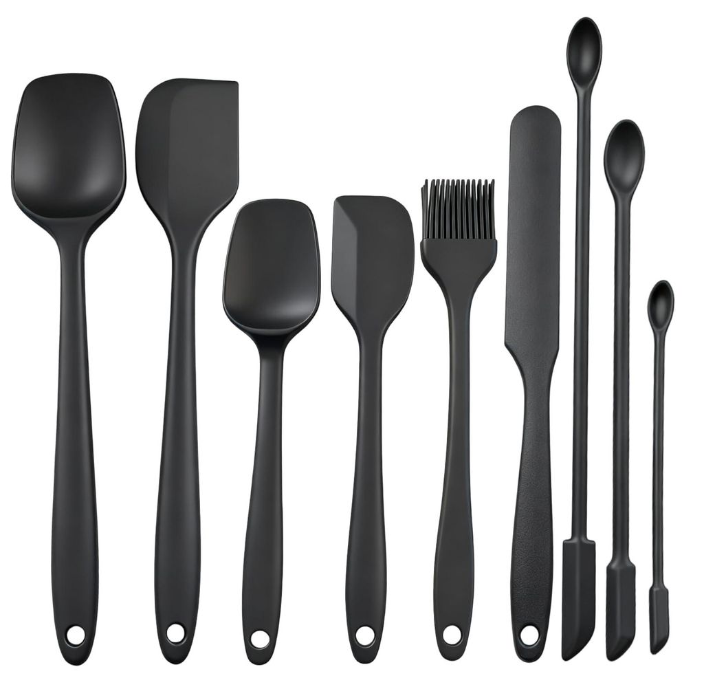 Silikonspatel-Set, schwarz, Kochlöffel, Teigschaber, Spatel, Pinsel, hitzebeständig, spülmaschinenfest