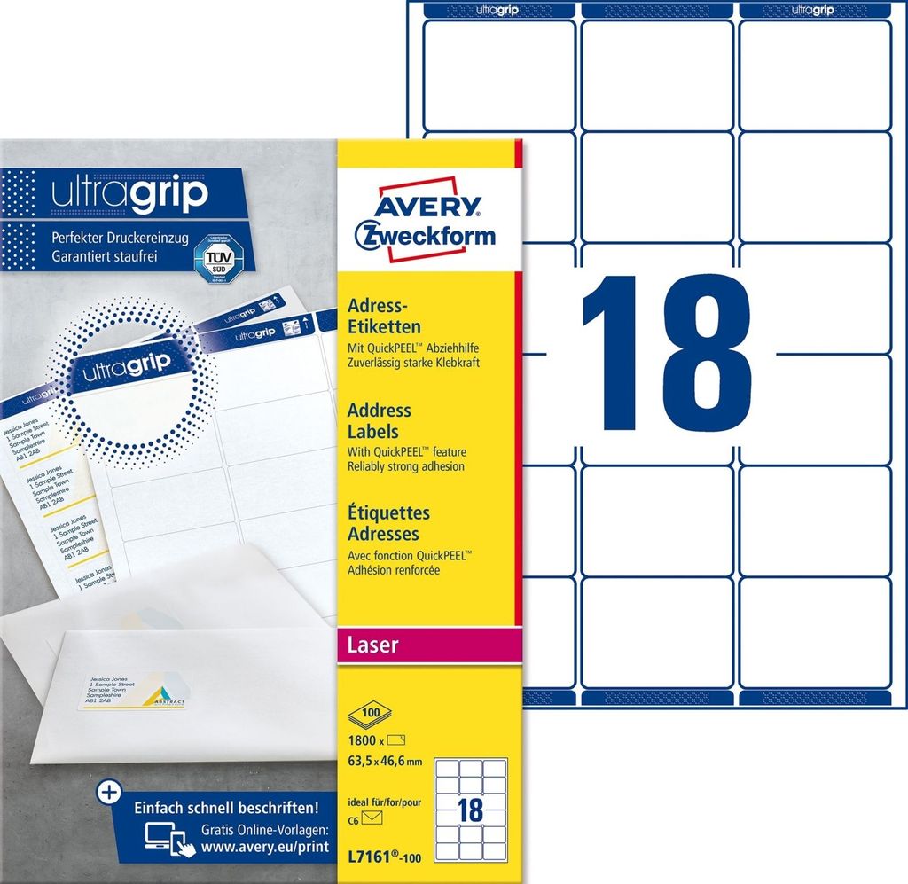 Adress-Etiketten A4 ultragrip 63,5x46,6mm VE=5x1.800 Etiketten weiß