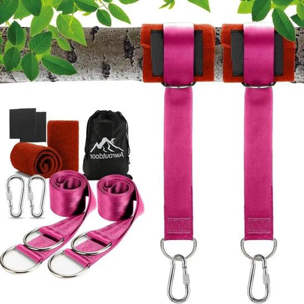 Fixation hamac complète avec protections d'arbre et mousquetons rouges