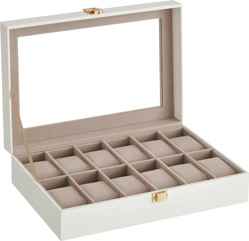 Coffret à montres 12 compartiments blanc et sa fermeture métallique