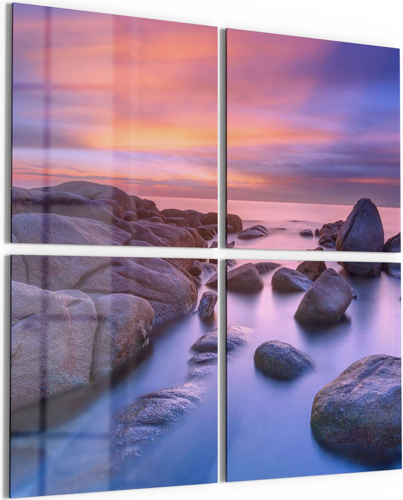 DEQORI Glasbild Echtglas 4x50x50 cm 'Küstenfelsen in Abendröte' Wandbilder XXL groß