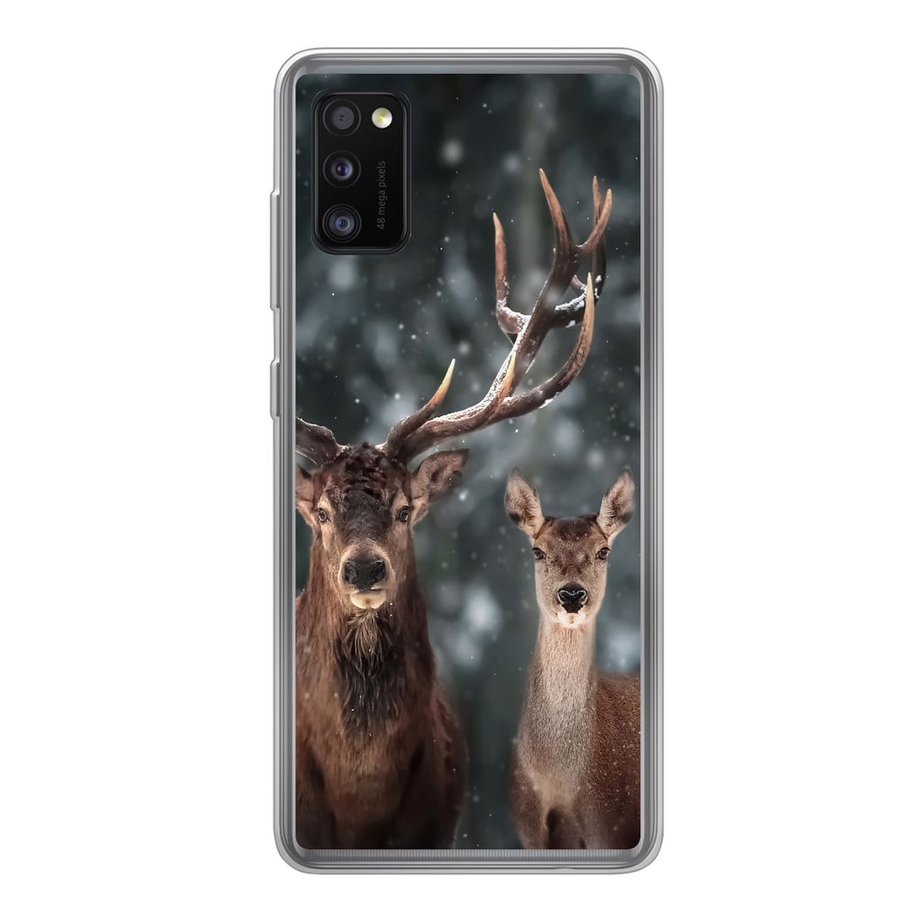 MuchoWow Handyhülle Schutzhülle Hülle für Samsung Galaxy A41 Hirsche - Tiere - Winter - Geweih - Schnee - Natur Silikon Softcase Handy Hülle...