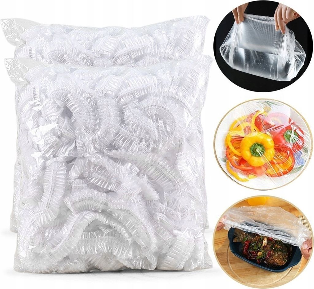 A collage of images showing disposable food covers in a bag and in use.