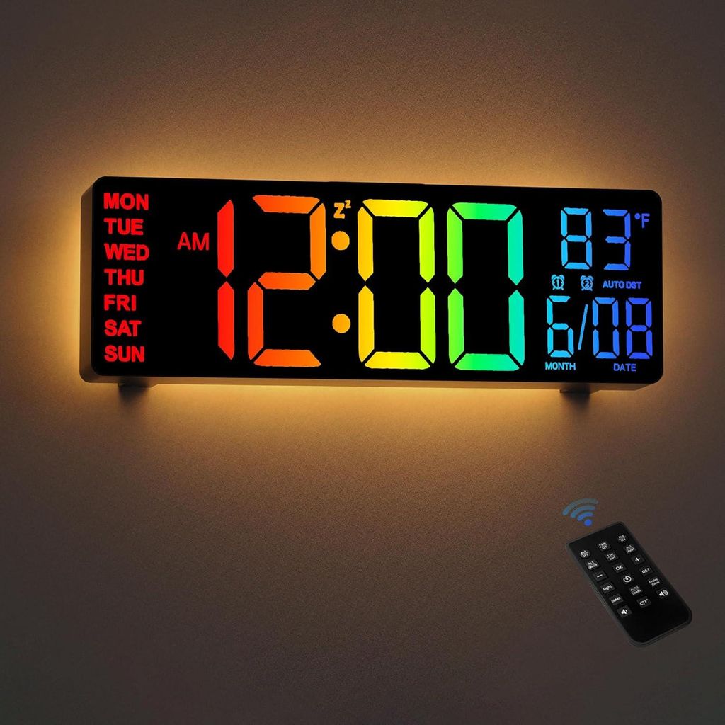 Digitale Wanduhr - 10,5" Große Wanduhr Mit Temperaturanzeige, Datum Und Tag, RGB-Farb-Auto-Helligkeitsdimmer, Nachtlichter, 24/12-Stunden-Led Für...