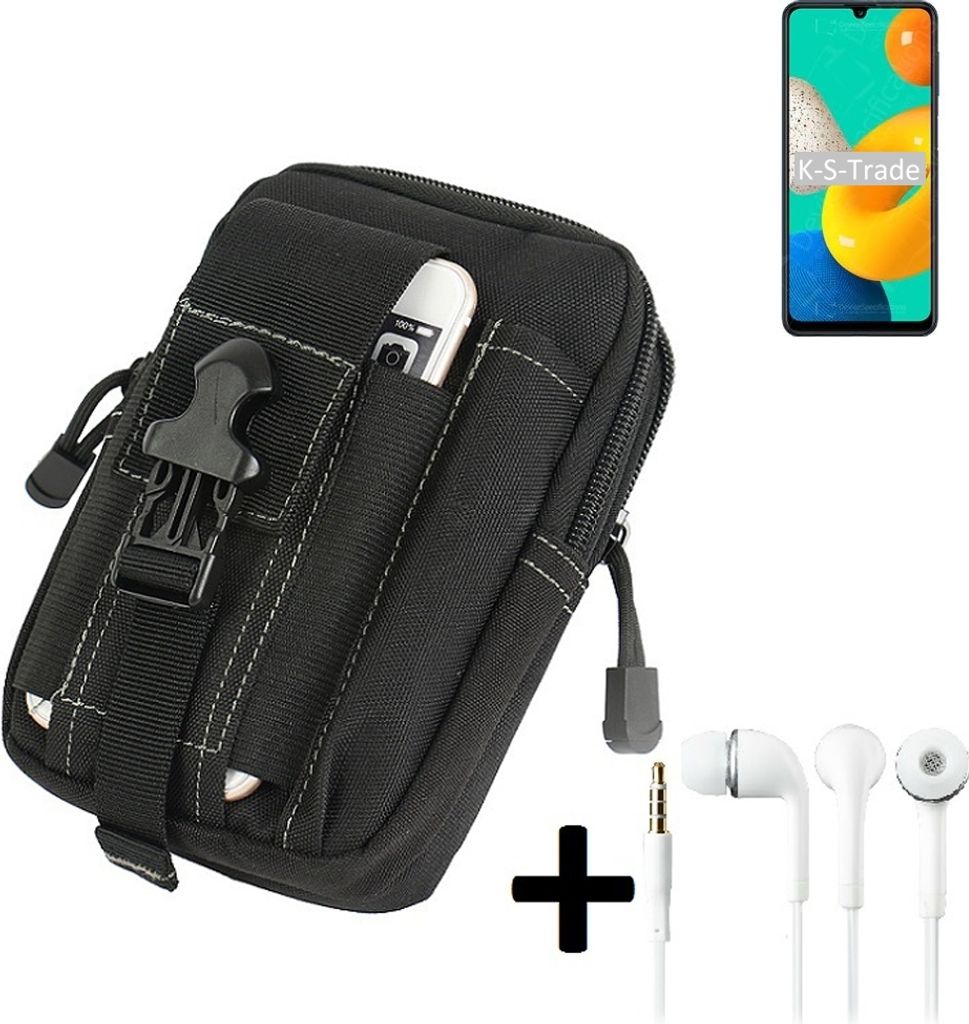 K-S-Trade Gürteltache + Kopfhörer kompatibel mit Samsung Galaxy M32 Gürtel Tasche Holster Schutz Hülle Handy Hülle schwarz inkl. Extrafächer