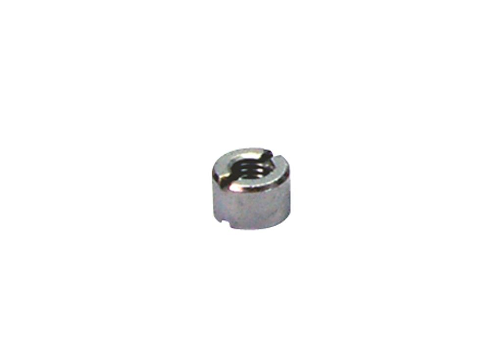 A single metal nut with a slot is shown against a white background.