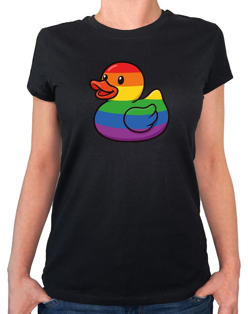 Huuraa Damen T-Shirt Quietscheente LGBTQ Pride Comic Gummiente L Black Bio Baumwolle Fairtrade Damenshirt Geschenkidee