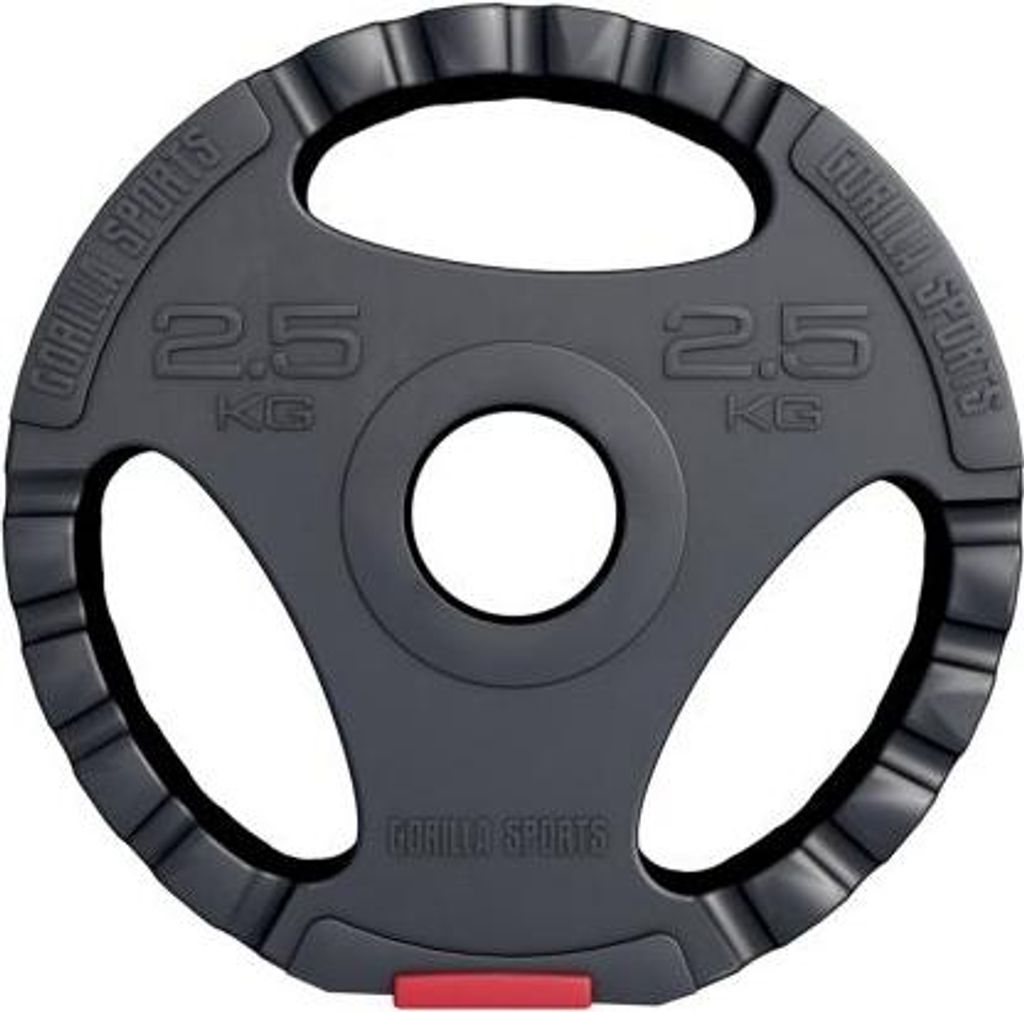 A single black weight plate with three grip holes and red accents is shown against a white background.