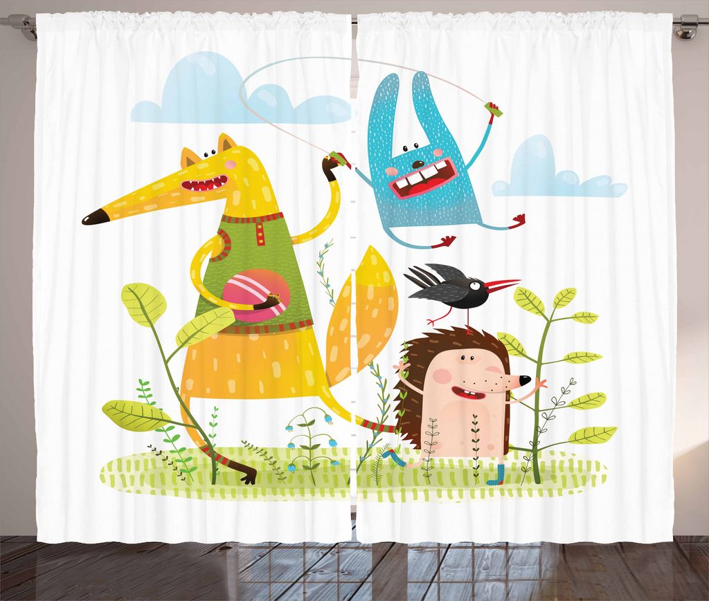 ABAKUHAUS Tier Rustikaler Gardine, Tiere spielen im Garten, Schlafzimmer Kräuselband Vorhang mit Schlaufen und Haken, 280 x 175 cm, Mehrfarbig