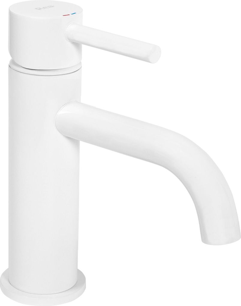 A white bathroom faucet on a white background.