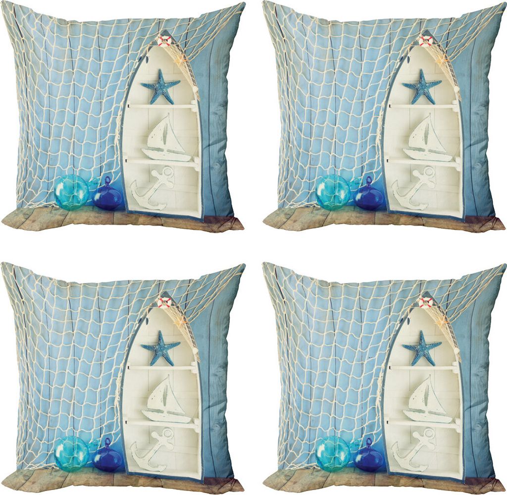 ABAKUHAUS Nautisch Kissenbezug Set (4 Stück), marine Seestern, Moderner Doppelseitiger Digitaldruck, 40 cm x 40 cm, Blau Weiss