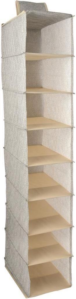 A tall, grey fabric hanging closet organizer with multiple shelves.