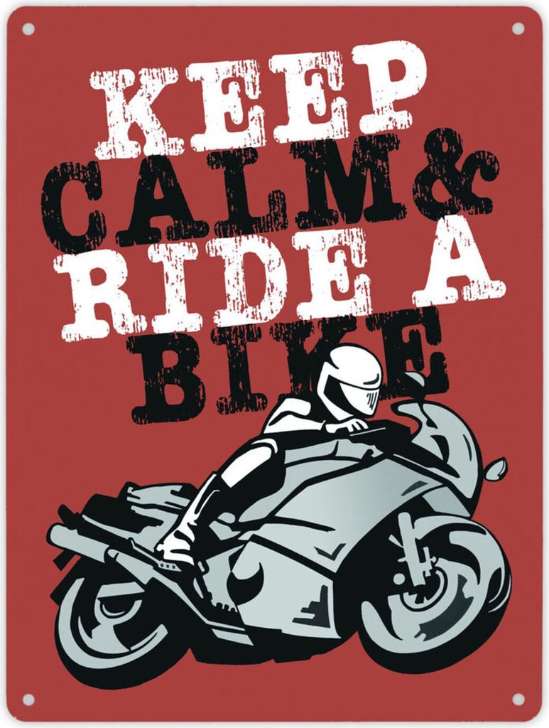 Keep calm & ride a bike Metallschild XL in 21x28 cm in braun zum Thema Motorrad