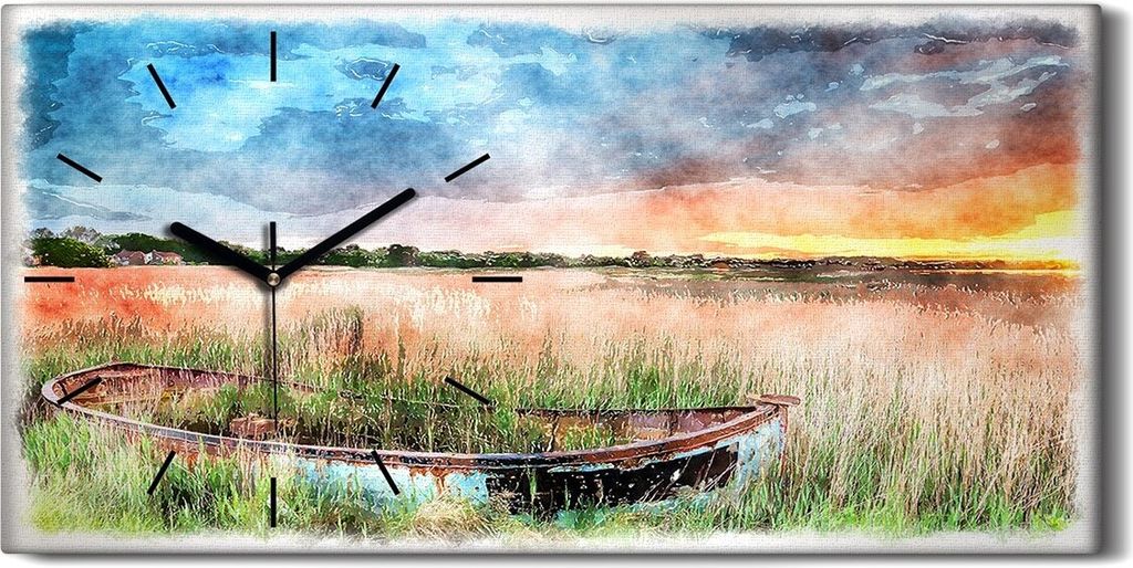 Wohnzimmer-Bild Leinwand Uhr Quarz 60x30 Fischerboot Bürsten Himmel Landschafts - schwarze Hände
