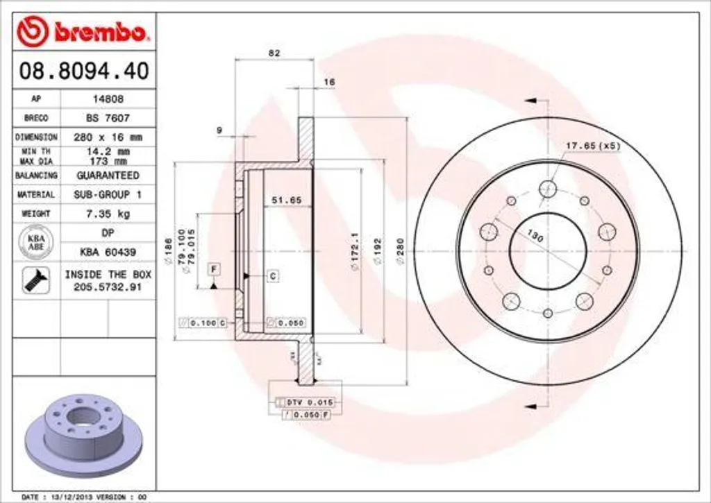 Disque de Frein Brembo Haute Résistance 08.8094.40 pour Utilitaire