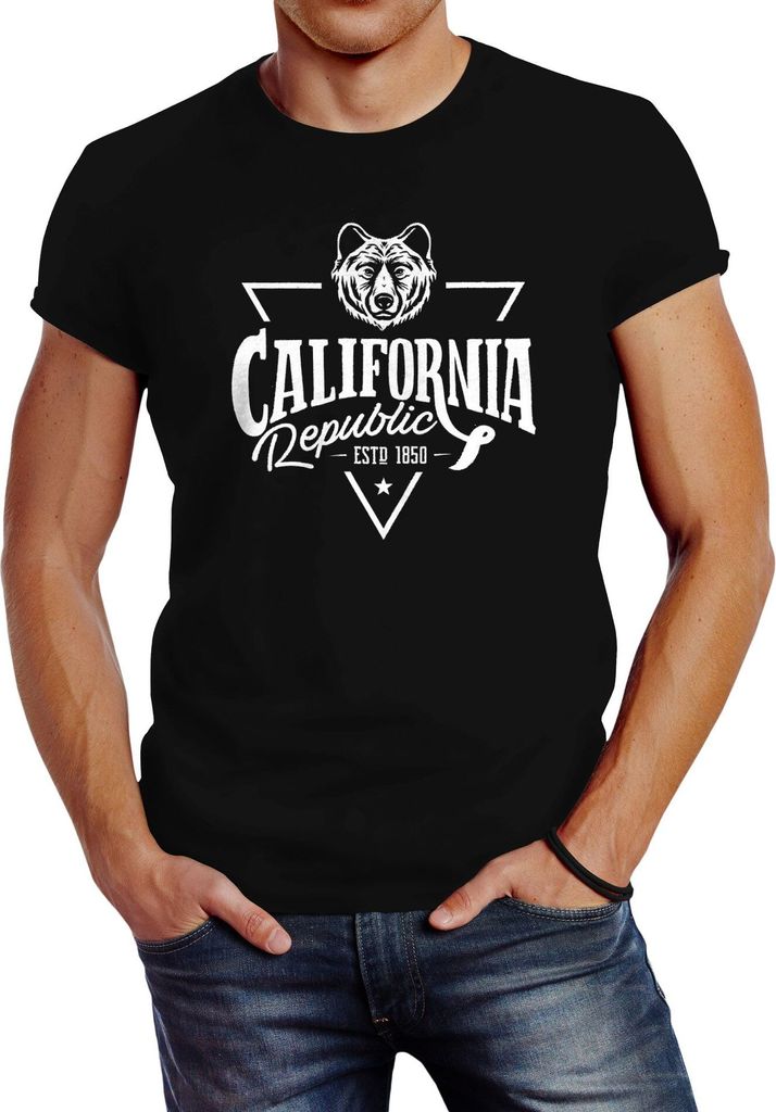 Herren T-Shirt California Republic Grizzly Bär Kalifornien Slim Fit Neverless schwarz XS