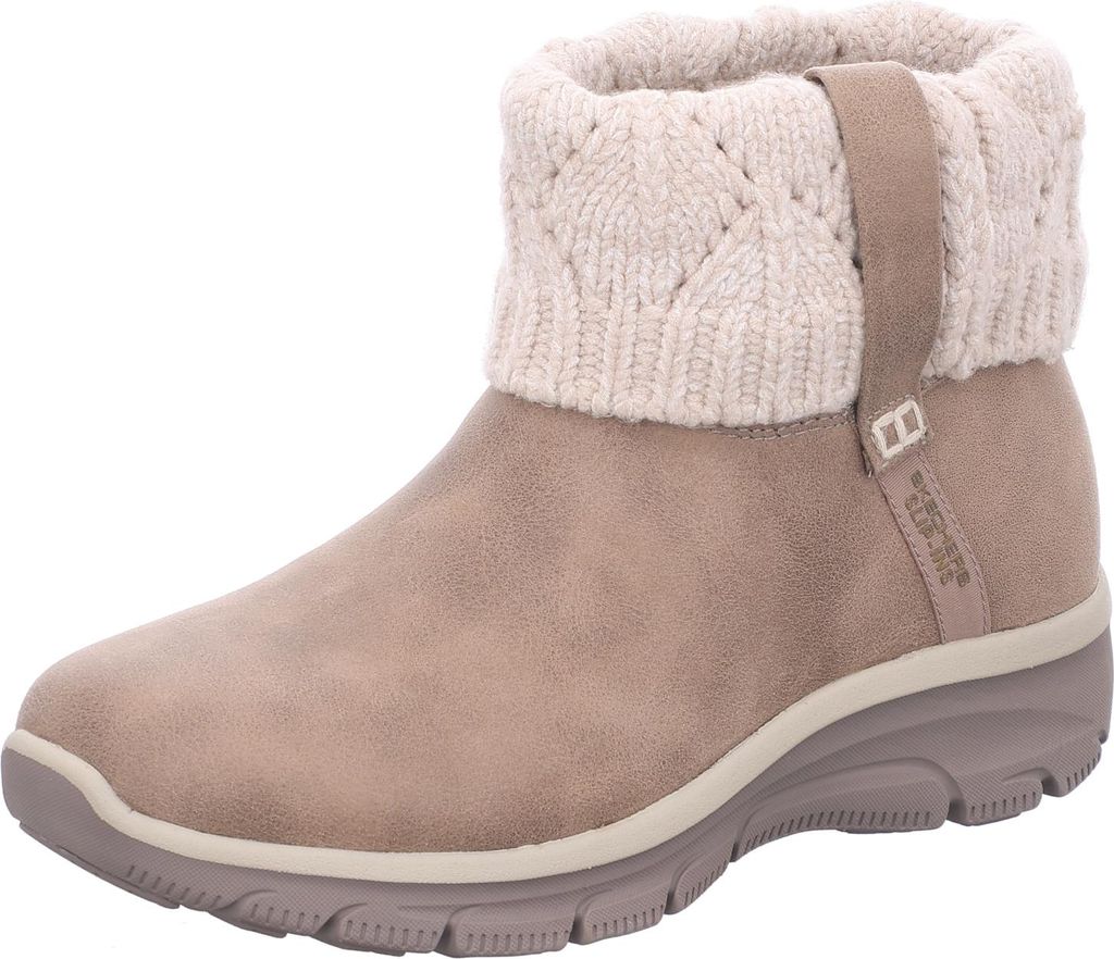 A single taupe boot with a cream knitted cuff is shown against a white background.