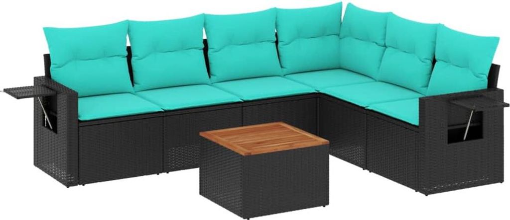 vidaXL 7-teiliges Gartensofa-Set mit Kissen, schwarzes Polyrattan