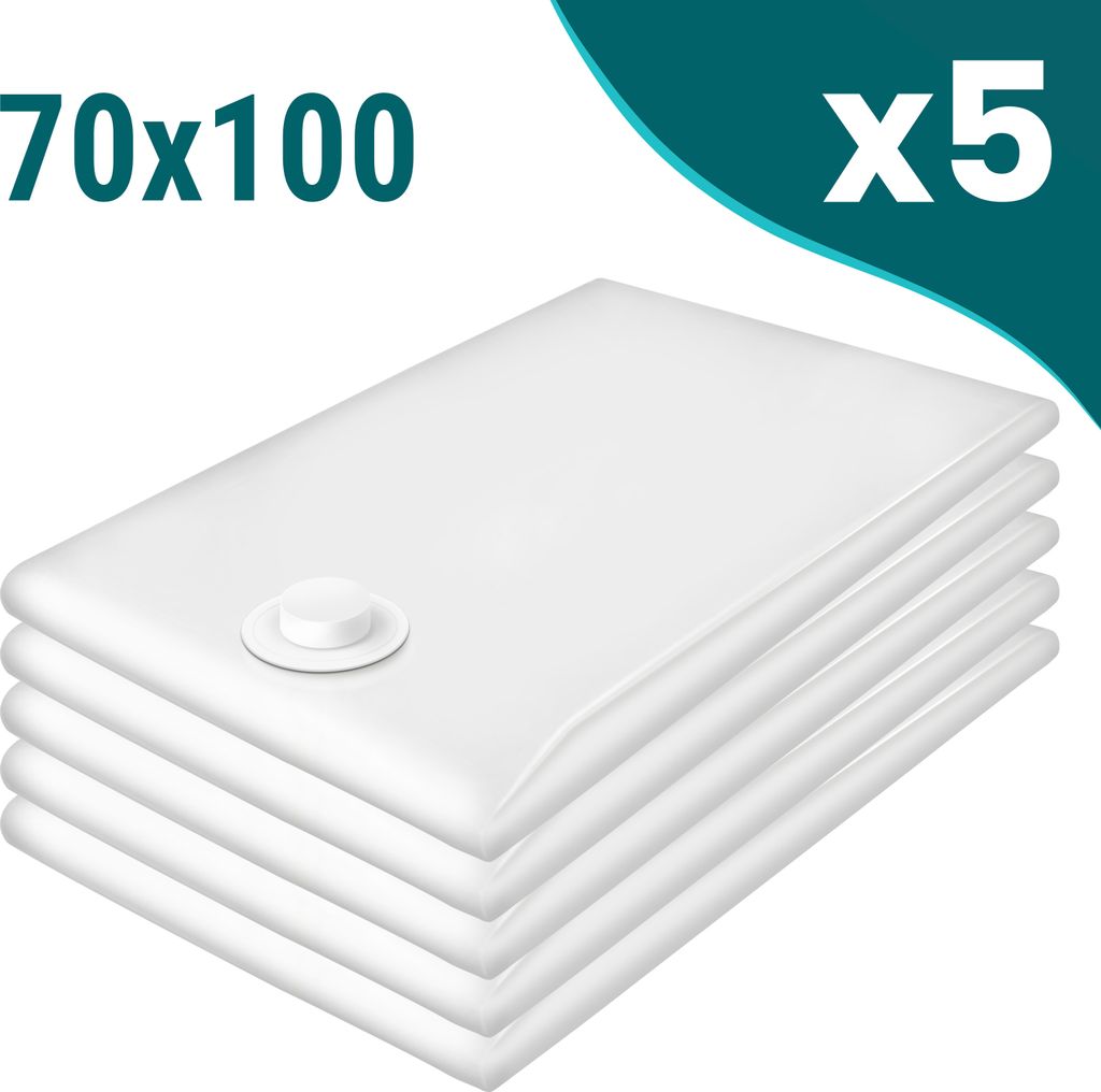 A stack of five white vacuum seal bags for clothing, with a valve on the top bag.