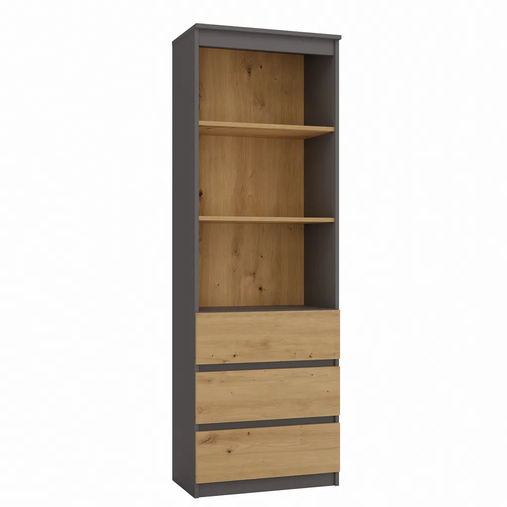 Bibliothèque KALEV en bois chêne et anthracite avec niches et tiroirs