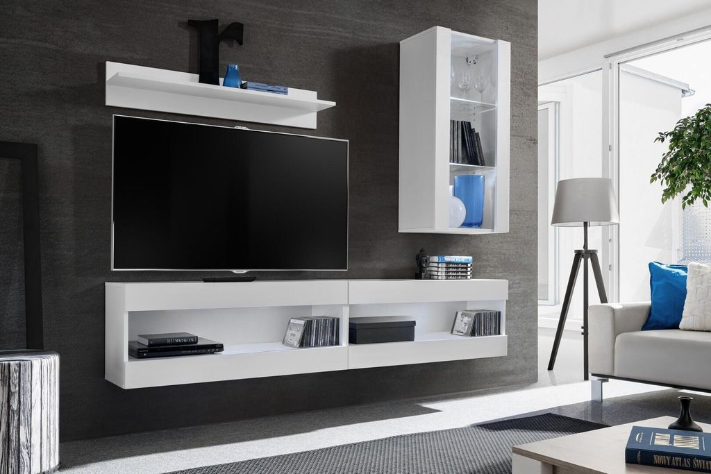 Komodee, Set, Möbel, Tivoli SET5, Weiß/Weiß, Breite 200cm x Höhe 195cm x Tiefe 35cm, LED Blau, für Wohnzimmer, Schlafzimmer