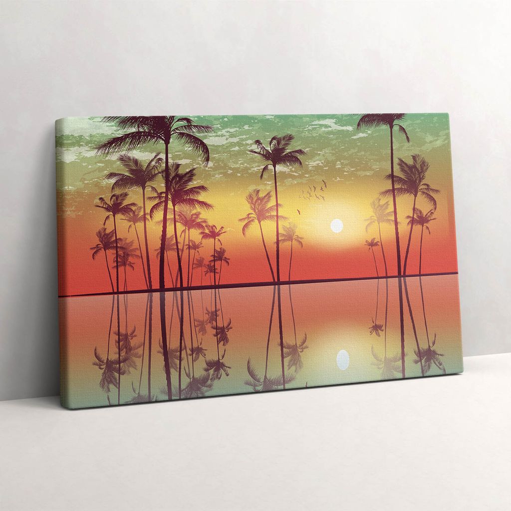 Tropische Palmen bei Sonnenuntergang – Leinwandbild Wandbild – 60x40 cm – Leinwandbilder – Wandbilder – Schlafzimmer – Flur