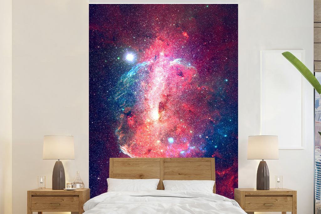 MuchoWow Fototapete für Wohnzimmer oder Schlafzimmer Wandtapete Vinyl Motivtapete Weltraum - Sterne - Rot - 200x300 cm - Wanddekorationen