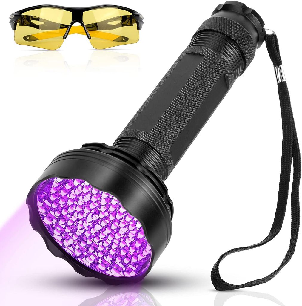 Ultraviolett 100 LED UV Taschenlampe Schwarzlicht*Handlampe & Schutzbrille 395nm 