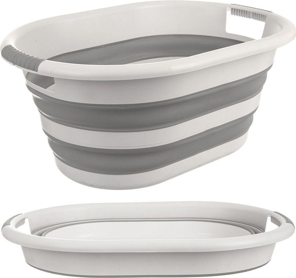A collapsible laundry basket shown in both its expanded and collapsed states.