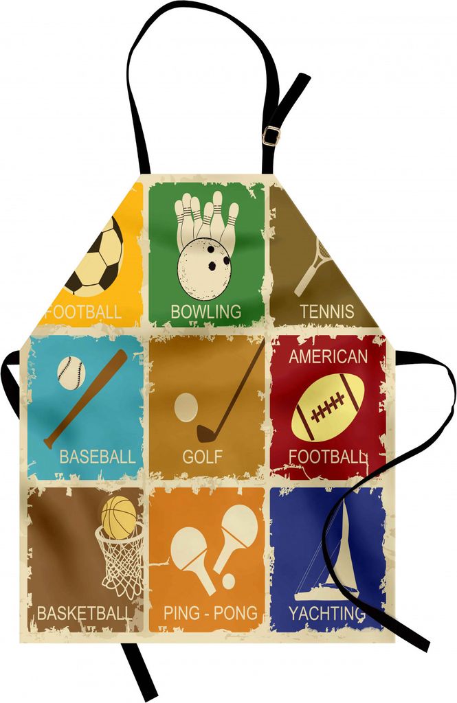 ABAKUHAUS Sport Kochschürze, Vintage Verschiedene Sport-Elemente Golf Bowling Baseball und Tennis Icons im Flat Design, Farbfest Höhenverstellbar...
