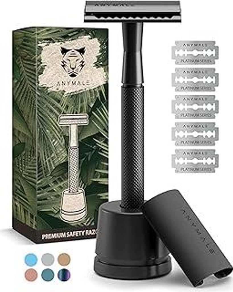 ANYMALERasierhobel Herren - Set mit Ständer, Klingenschutz und 5 Rasierklingen - Rasierer Herren Nass - Safety Razor Black Edition