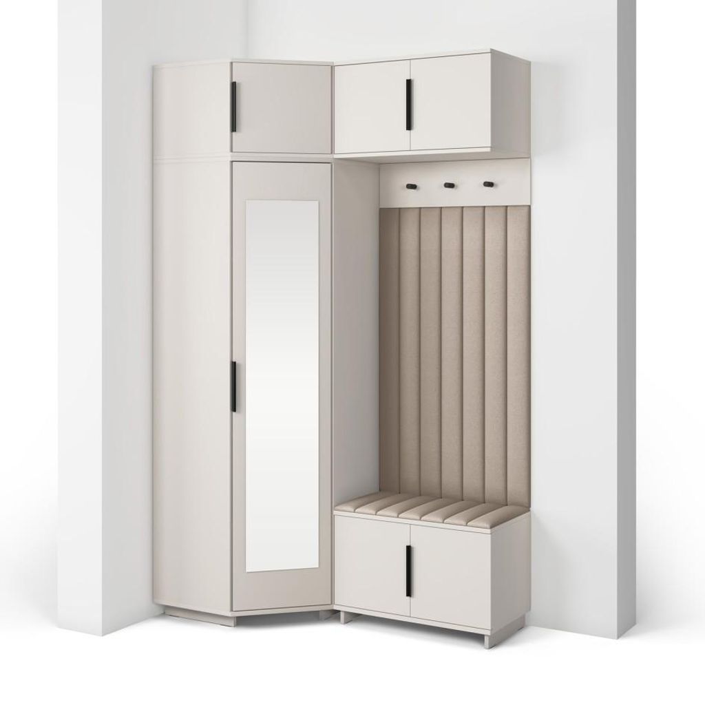 Garderoben-Set Napoli Version 23: Eckschrank mit Polsterpaneelen, Schuhschrank und Schrankaufsatz Flur und Eingangsbereich (Cashmere/Trinity 03)