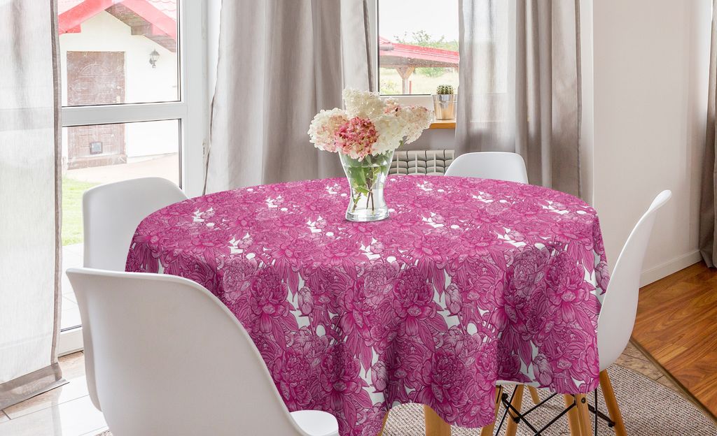 ABAKUHAUS Feminin Runde Tischdecke, Romantisches Peony Blooming, Kreis Tischdecke Abdeckung für Esszimmer Küche Dekoration, 150 cm, Rosa Magenta ...