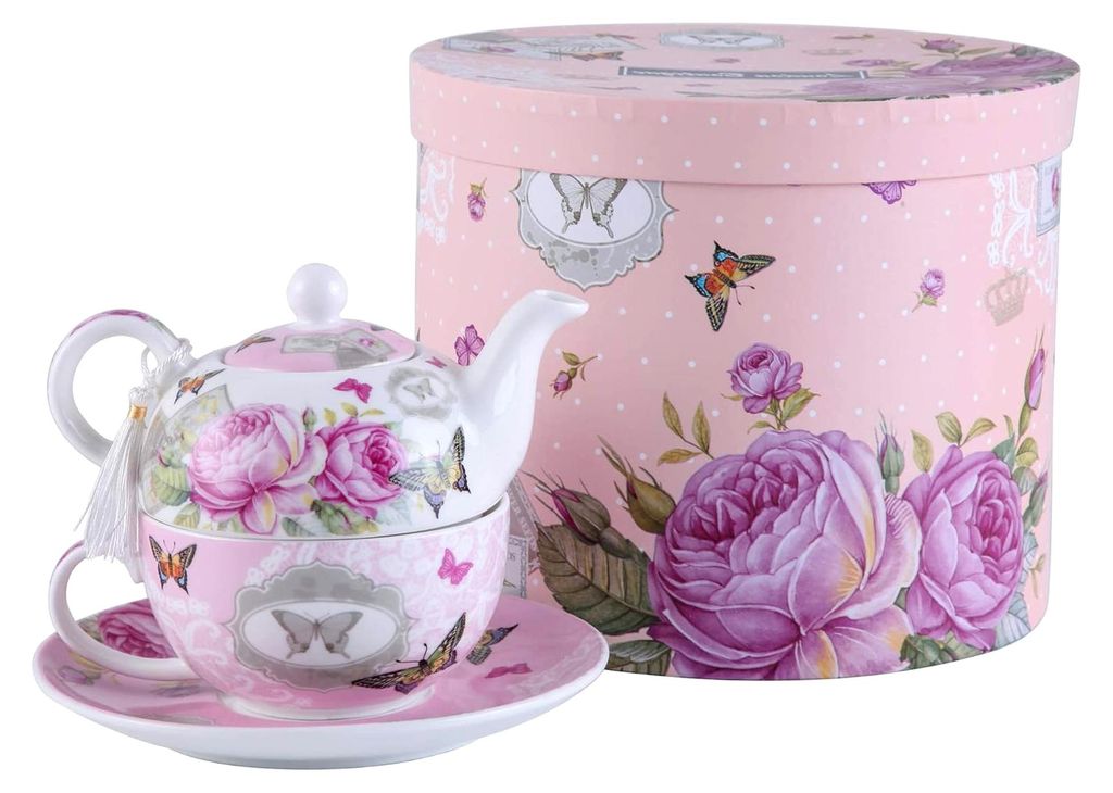 Teekannen-Set für eine Tasse mit Teekanne, Teetasse und Untertasse, Porzellan in Geschenkbox 15x15cm (Rosa Schmetterlingsrose)